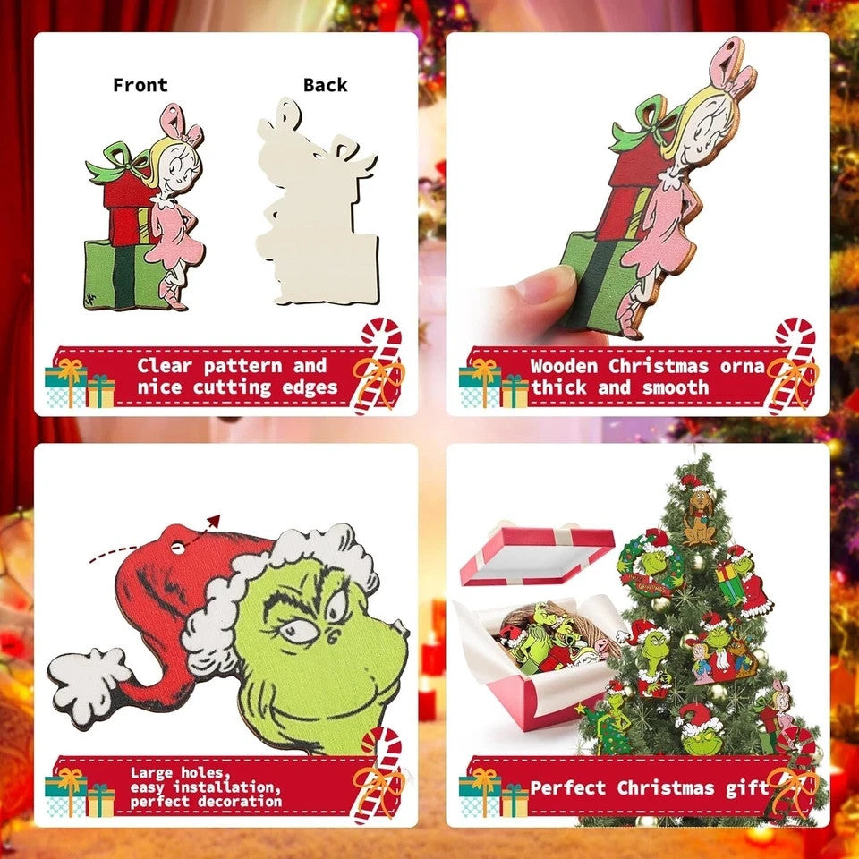 24 PCS Grinch Christmas Tree Ornaments, Hanging Xmas Grinch Wooden Decorations