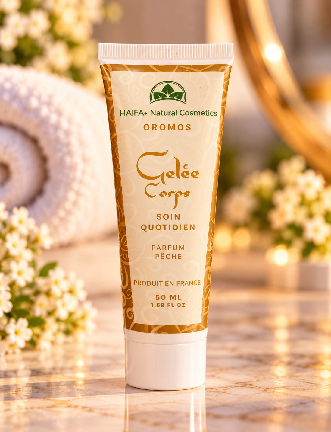 Haïfa+ Oromos Gelée Corps Pêche Pomme Acide Hyaluronique 50 ml Made in France
