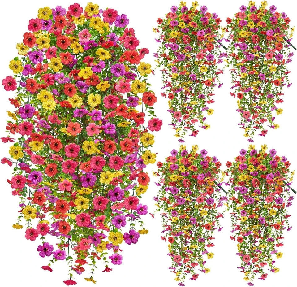 4Pcs Artificial Hanging Plastic Flowers UV Resistant Faux Plants Outdoor Decor .