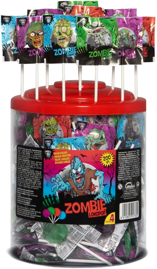 Caramelos Cerdán - Zombie Tongue-Painting Lollipops | Assorted Flavors | Gluten- and Allergen-Free | Parties & Halloween | 200-Piece Jar