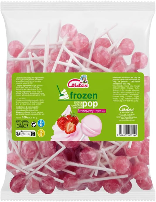 Caramelos Cerdán - Strawberry Yogurt-Flavored Frozen Pop Lollipop | Gluten-Free and Allergen-Free Hard Candy | Bag of 100 Units | Ideal for Parties, Events, and Birthdays