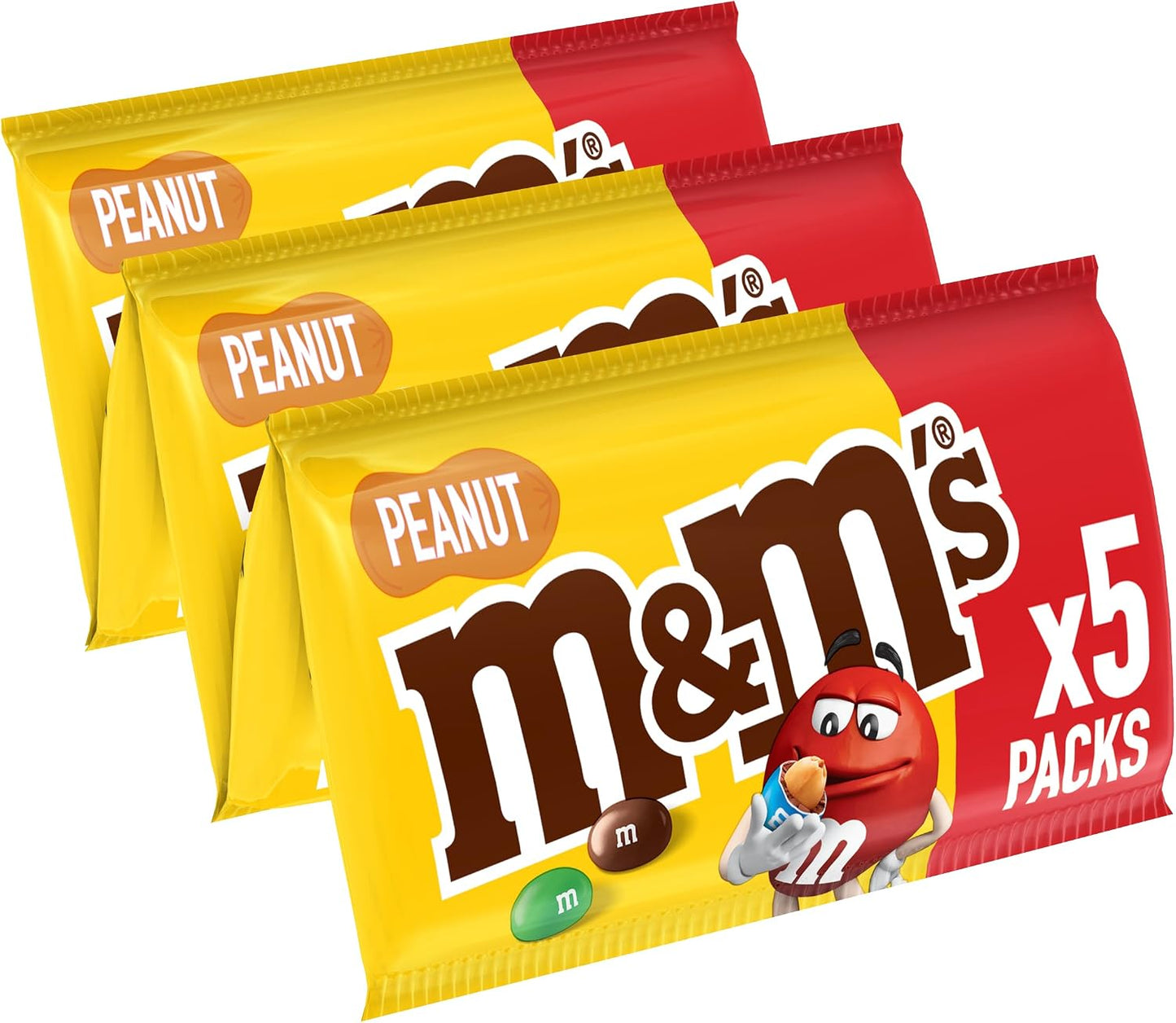 M&M'S PEANUT Caramelos de chocolate con leche y cacahuetes 5 bolsas de 36g