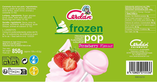Caramelos Cerdán - Strawberry Yogurt-Flavored Frozen Pop Lollipop | Gluten-Free and Allergen-Free Hard Candy | Bag of 100 Units | Ideal for Parties, Events, and Birthdays