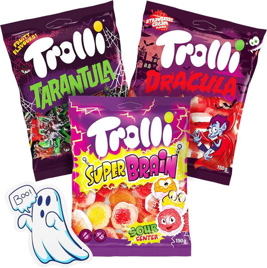 Trolli 3-Pack of Candies – 1 Tarantula, Dracula and Super Brain, 150 g – Lactose- and gluten-free, delicious flavors, with ghost stickers – For Halloween decorations, cakes and muffins