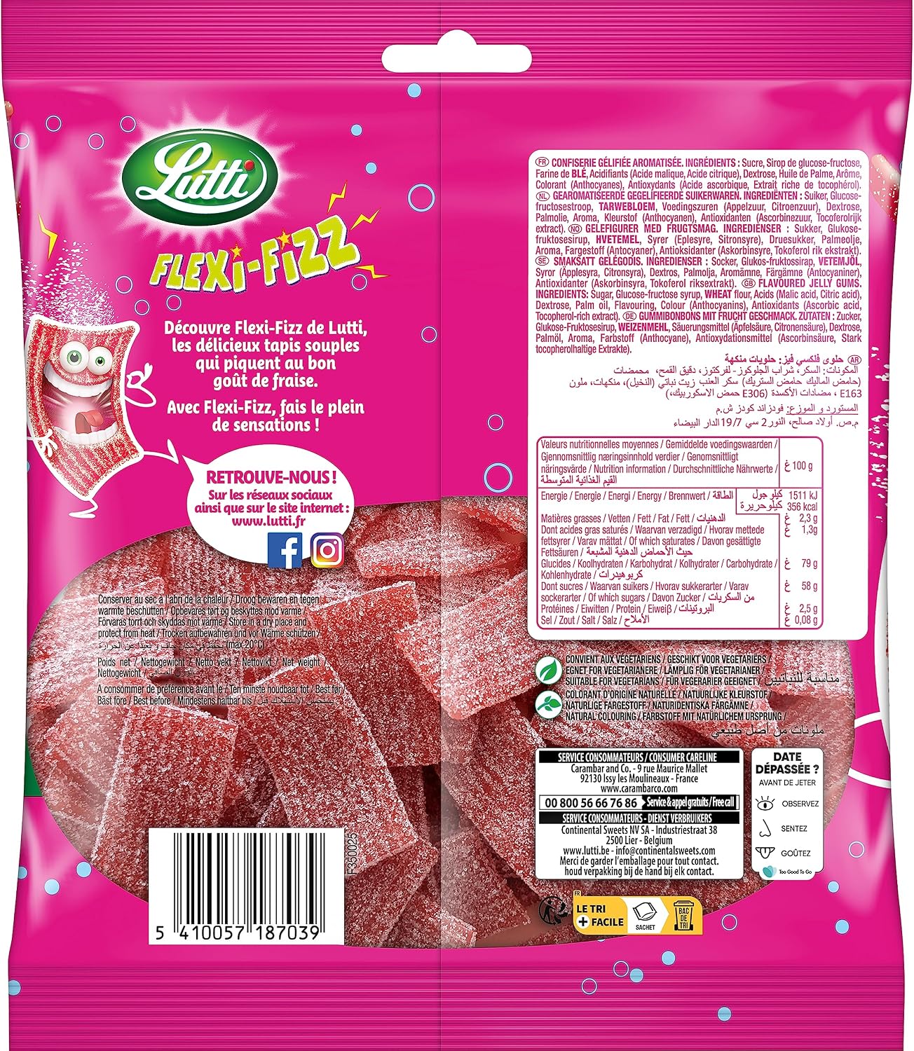 Lutti Strawberry Flexi-Fizz String Tubs, 225 g