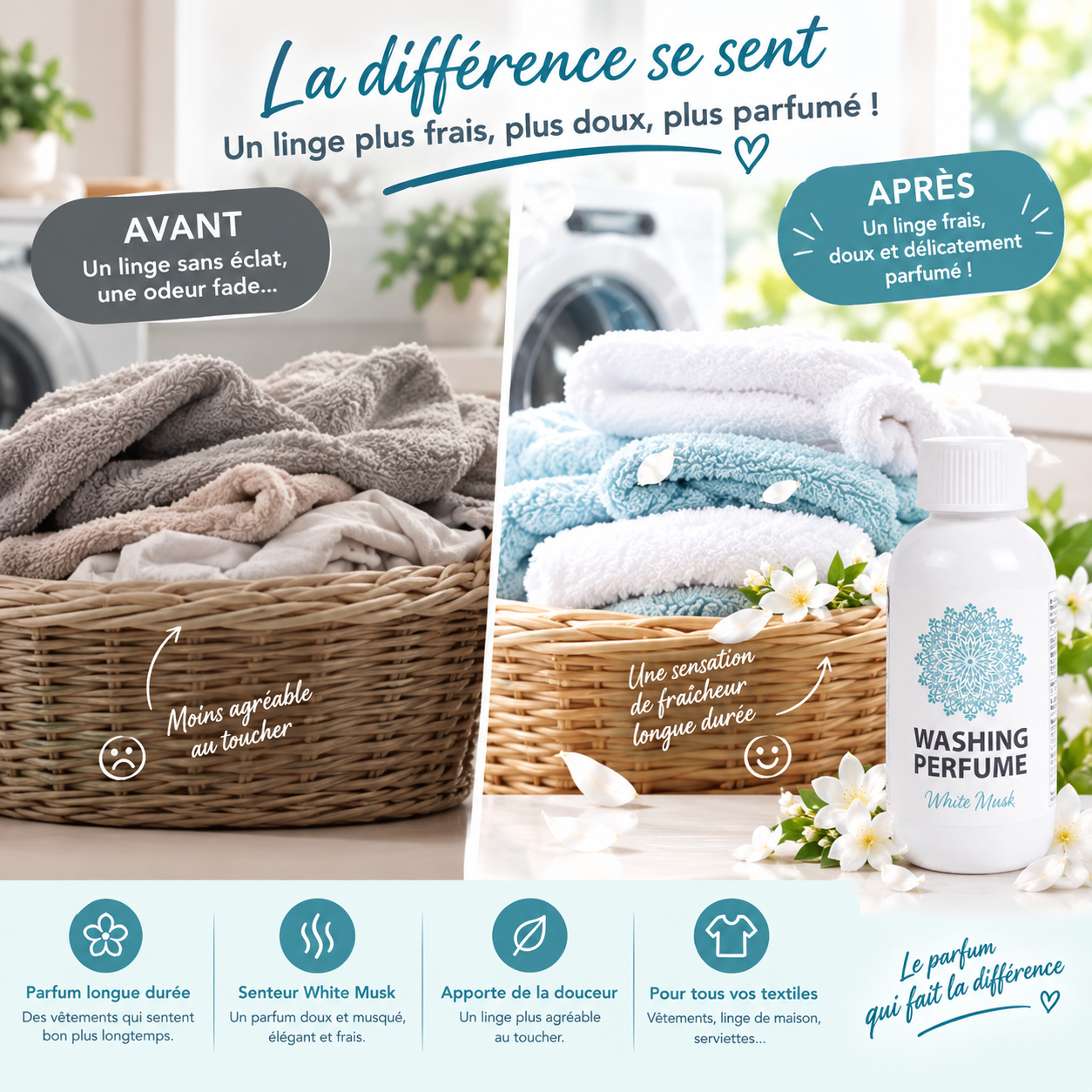Linge frais, doux et parfumé grâce au parfum de linge Daili Musc Blanc