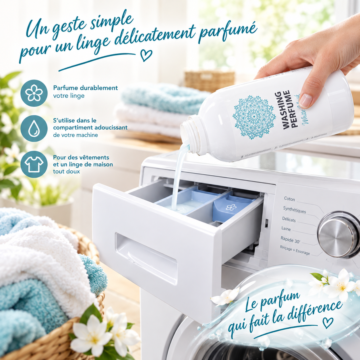 Parfum de linge Daili Musc Blanc versé dans le compartiment adoucissant du lave-linge