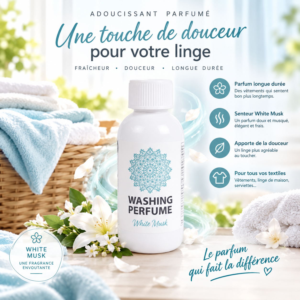 Parfum de linge Daili Musc Blanc : une touche de douceur, fraîcheur et longue durée pour le linge