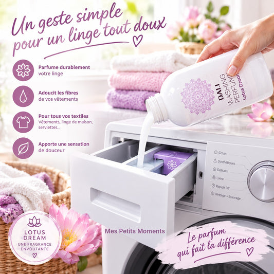 Parfum de linge Daili Lotus Dream versé dans le compartiment adoucissant du lave-linge